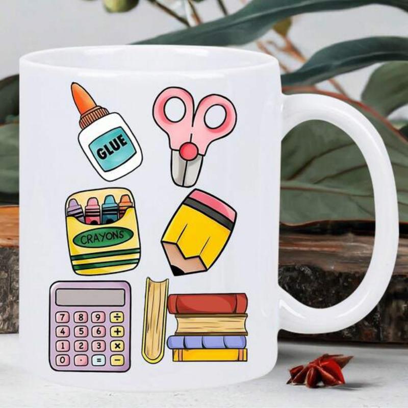 Tailorly White Ceramic 11 oz Mug - Glue Crayons Colorful Cartoon Drawing Of Basic Educational Tools For Students Learning Supplies