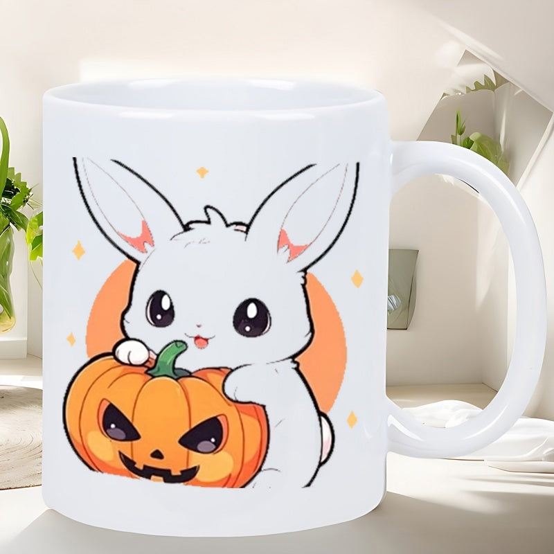 Tailorly White Ceramic 11 oz Mug - Adorable Little Cartoon Rabbit Holding A Carved Festive Halloween Pumpkin Bunny