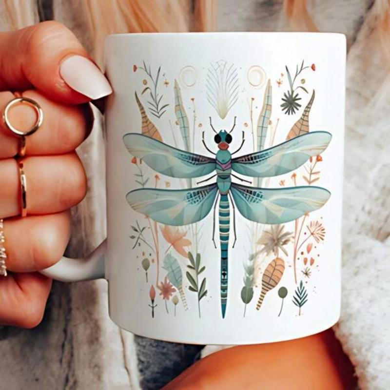 Tailorly White Ceramic 11 oz Mug - Delicate Wings Among Vintage Botanical Leaves And Wildflowers Under Soft Light Dragonfly