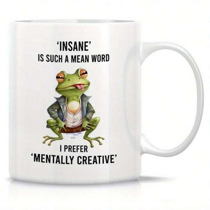 Tailorly White Ceramic 11 oz Mug - Insane Is Such A Mean Word I Prefer Mentally Creative Quirky Cartoon Frog Wearing A Stylish Jacket With Tongue Sticking Out Frog