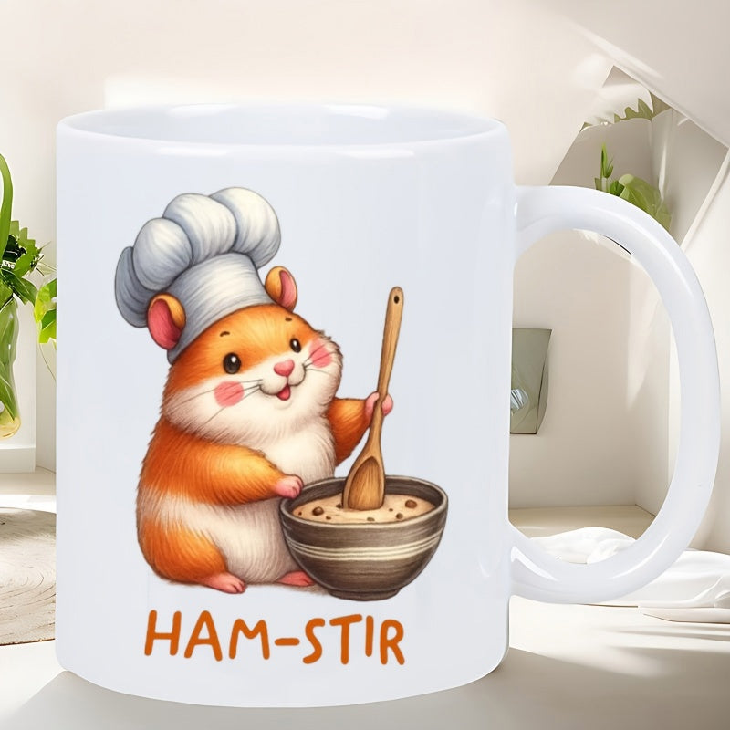 Tailorly White Ceramic 11 oz Mug - Ham Stir Tiny Chef Wearing White Hat Stirring Mixture Inside Brown Bowl Hamster