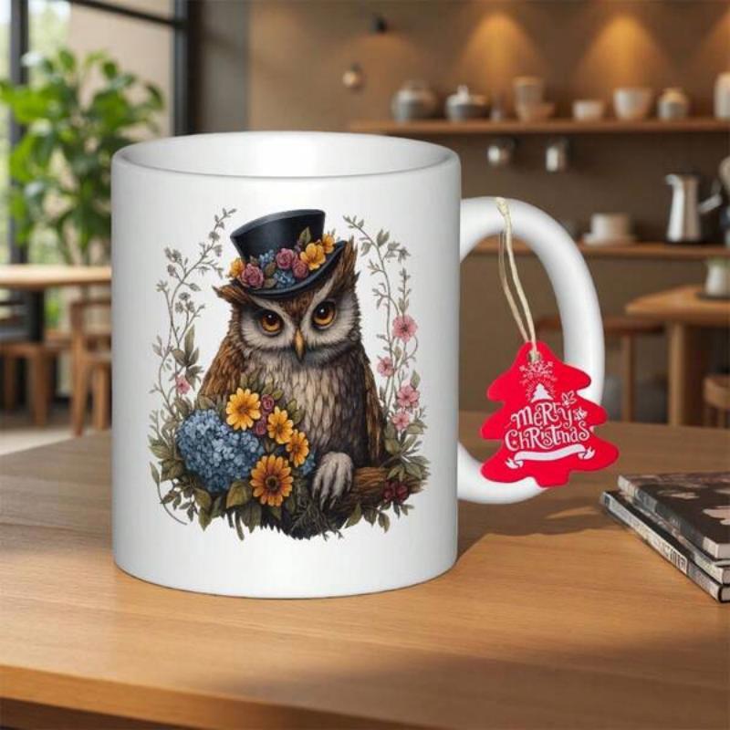 Tailorly White Ceramic 11 oz Mug - Vintage Style Anthropomorphic Bird Wearing Elegant Floral Top Hat Among Flowers Owl