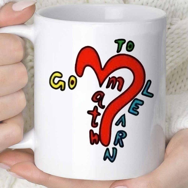 Tailorly White Ceramic 11 oz Mug - Go To Learn Math Vibrant Colorful Hand Drawn Letters Surrounding A Large Stylized Glossy Red Heart