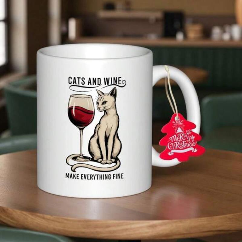 Tailorly White Ceramic 11 oz Mug - Cats And Wine Make Everything Fine Elegant Sitting Feline Beside A Tall Red Wine Glass Cat