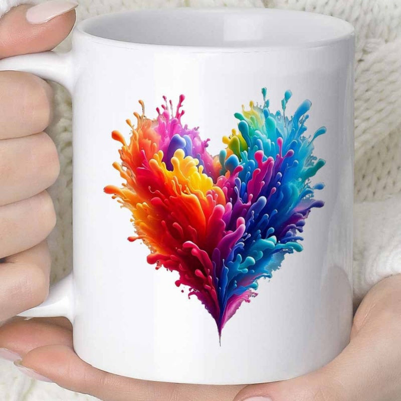 Tailorly White Ceramic 11 oz Mug - Vibrant Multicolored Liquid Paint Splashing Into A Dynamic Heart Shape Heart