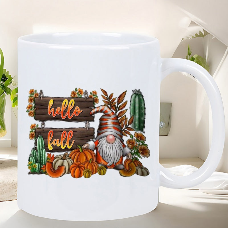 Tailorly White Ceramic 11 oz Mug - Hello Fall Rustic Harvest Landscape With Pumpkins And Green Cacti Beside A Friendly Gnome