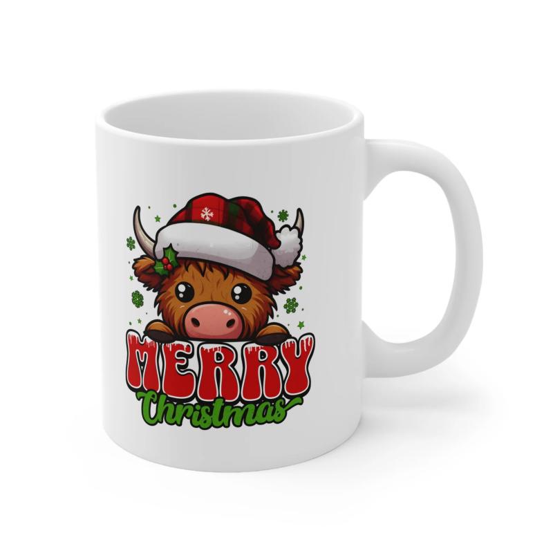 Tailorly White Ceramic 11 oz Mug - Merry Christmas Festive Cartoon Highland Cow Wearing Red Santa Hat Among Green Sprinkles Cow