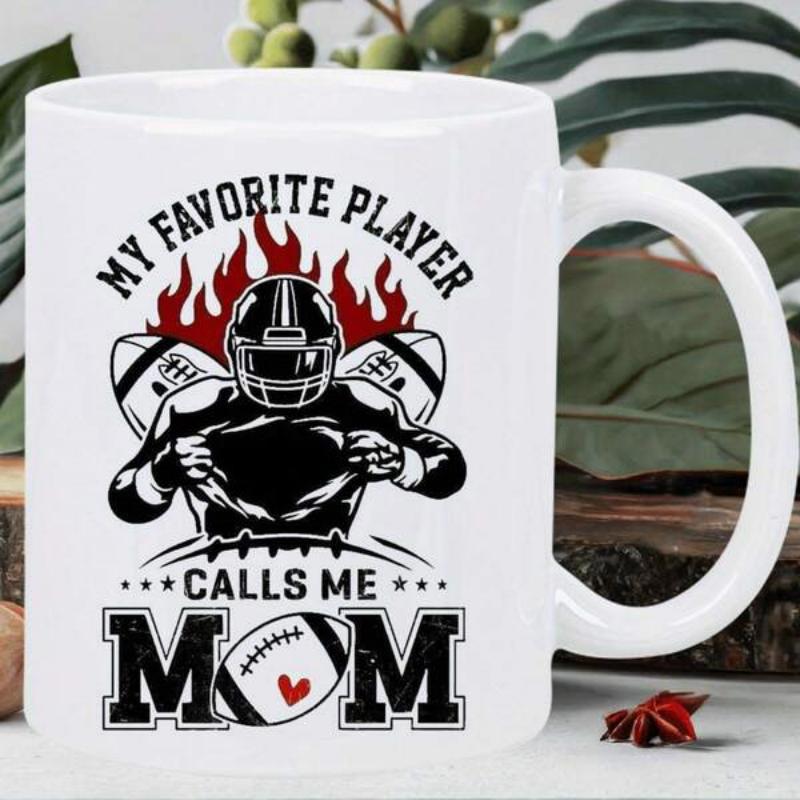 Tailorly White Ceramic 11 oz Mug - My Favorite Player Calls Me Mom Athletic Silhouette With Helmet Surrounded By Fiery Flames And Footballs Football Player