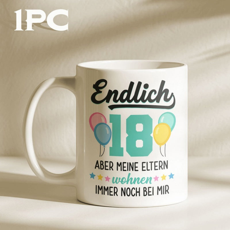 Tailorly White Ceramic 11 oz Mug - Colorful Balloons And Teal Number Eighteen Celebration Patterned