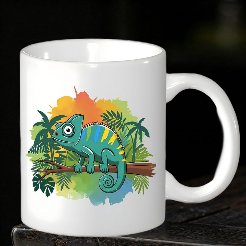 Tailorly White Ceramic 11 oz Mug - Colorful Watercolor Splash Backdrop With Tropical Leaves Surrounding A Vibrant Chameleon