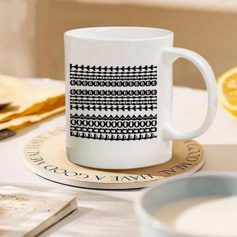 Tailorly White Ceramic 11 oz Mug - Traditional Black Ethnic Geometric Pattern Rows On A