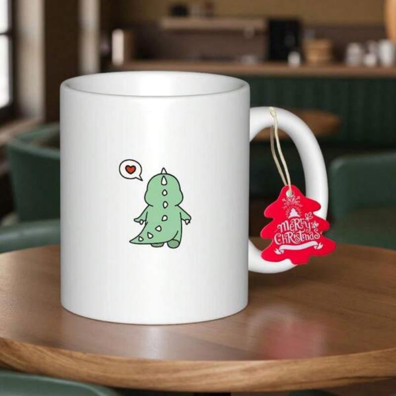 Tailorly White Ceramic 11 oz Mug - Adorable Small Green Cartoon Dinosaur Featuring A Little Red Heart Dinosaur