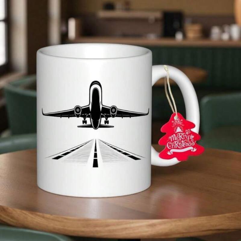 Tailorly White Ceramic 11 oz Mug - Sleek Commercial Jet Taking Off From Perspective Runway Silhouette Airplane