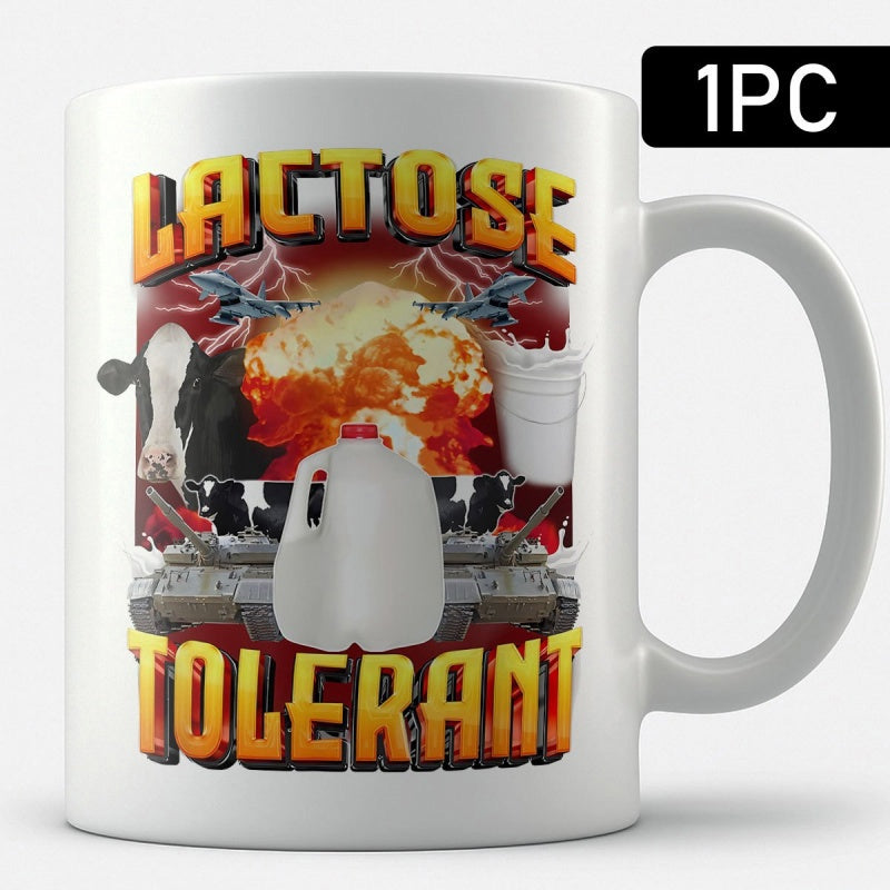 Tailorly White Ceramic 11 oz Mug - Lactose Tolerant Powerful Explosion Surrounded By Tanks And Refreshing Jug Of Milk Cow