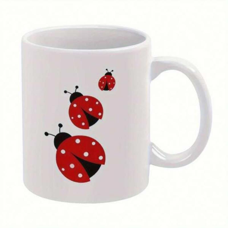Tailorly White Ceramic 11 oz Mug - Three Red Ladybugs With White Spots Flying On Ladybug