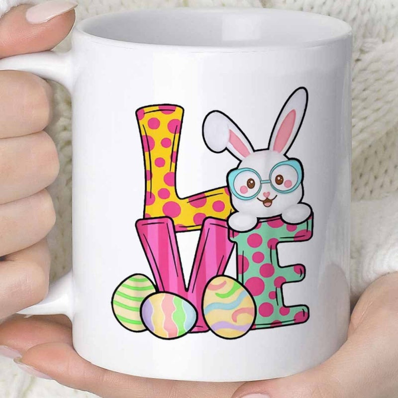 Tailorly White Ceramic 11 oz Mug - Love Adorable White Rabbit Wearing Glasses Sitting On Colorful Polka Dot Letters Bunny
