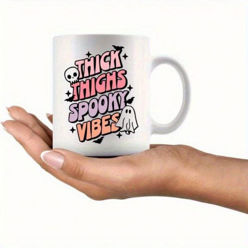 Tailorly White Ceramic 11 oz Mug - Thick Thighs Spooky Vibes Halloween Themed Graphic With Bats And Stars Featuring A Friendly Ghost
