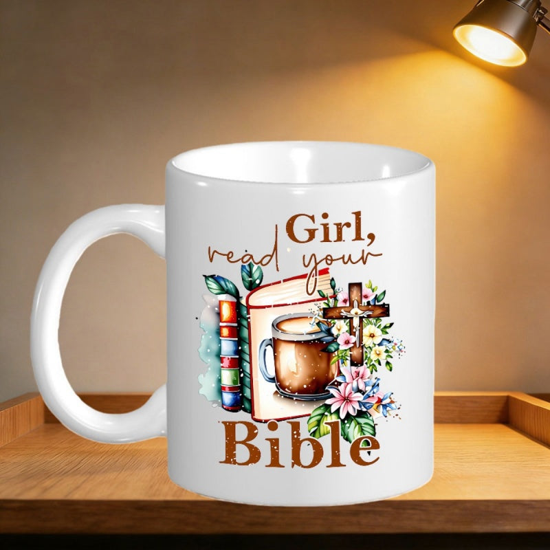 Tailorly White Ceramic 11 oz Mug - Girl Read Your Bible Watercolor Stacked Books With Coffee Mug And Floral Cross Mug