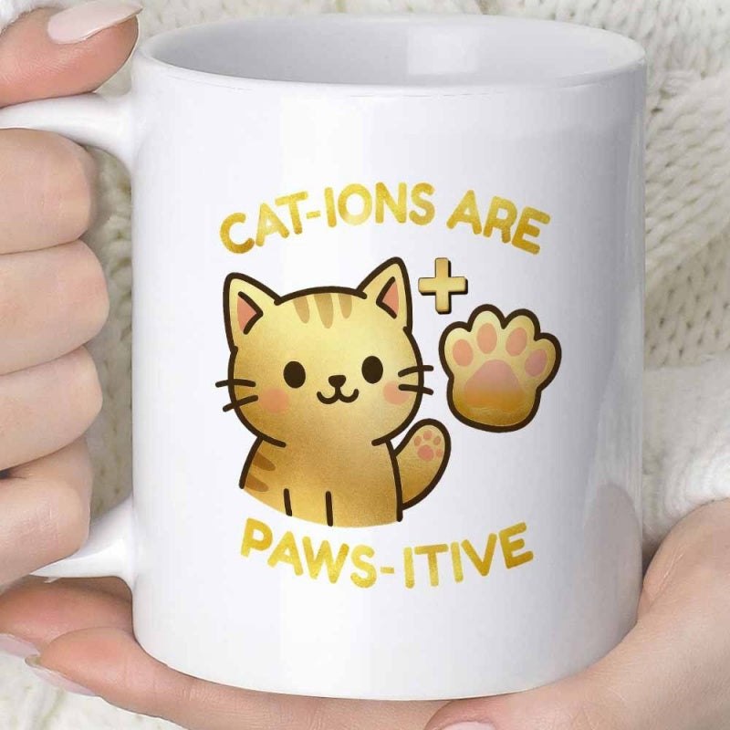 Tailorly White Ceramic 11 oz Mug - Cat Ions Are Paws Itive Smiling Ginger Tabby Waving With Cute Paw And Plus Sign Cat