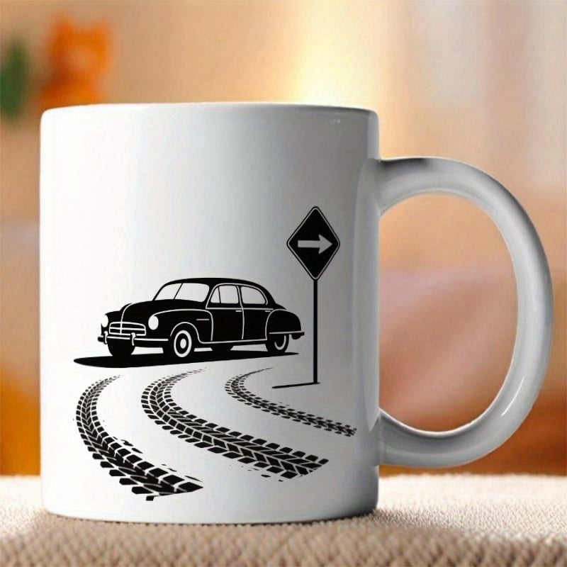 Tailorly White Ceramic 11 oz Mug - Retro Style Vintage Sedan Leaving Deep Tire Tracks Beside Road Sign Car