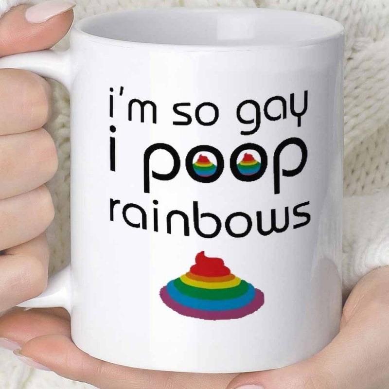 Tailorly White Ceramic 11 oz Mug - Im So Gay I Poop Rainbows Vibrant Swirling Colorful Layered Stack Under Playful Humorous Fun Slogan Rainbow