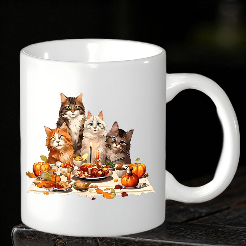 Tailorly White Ceramic 11 oz Mug - Adorable Fluffy Kittens Enjoying Autumn Thanksgiving Feast With Pumpkins And Food Feline