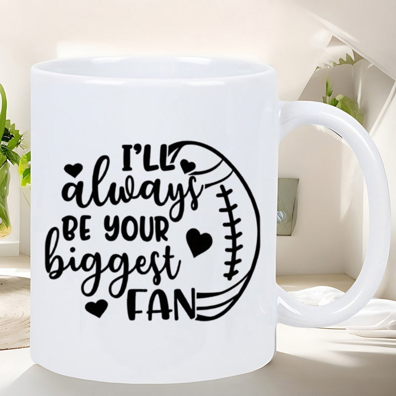 Tailorly White Ceramic 11 oz Mug - Ill Always Be Your Biggest Fan Stylized Sporty Silhouette With Decorative Hearts And Bold Script Typography Football