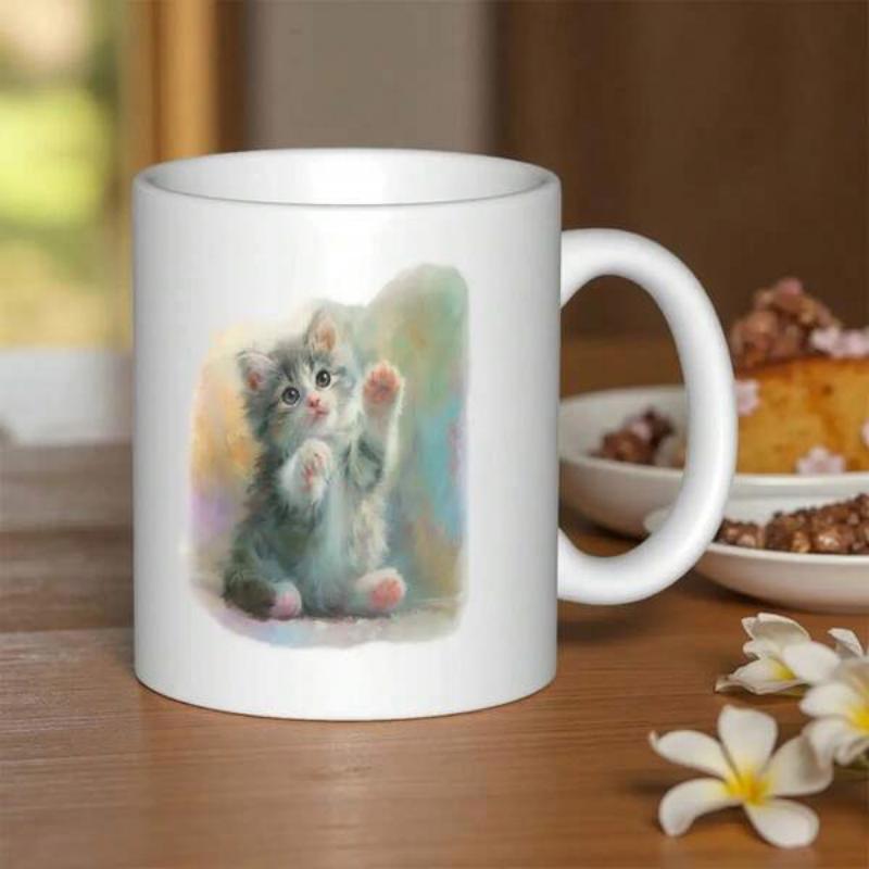 Tailorly White Ceramic 11 oz Mug - Adorable Fluffy Grey Kitten Sitting And Playfully Waving Its Tiny Paw Kitten