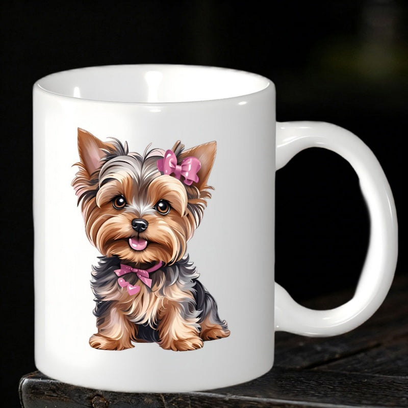 Tailorly White Ceramic 11 oz Mug - Cute Sitting Yorkshire Terrier Decorated With Small Pink Ribbon Bows Dog