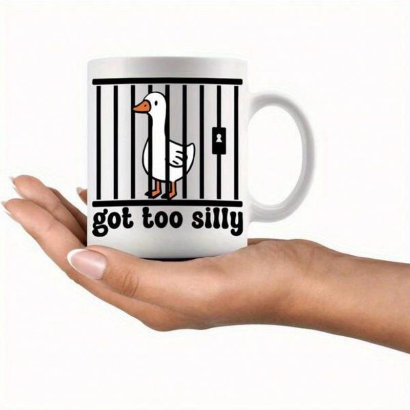Tailorly White Ceramic 11 oz Mug - Got Too Silly Cartoon White Goose Standing Behind Vertical Black Metal Bars Goose
