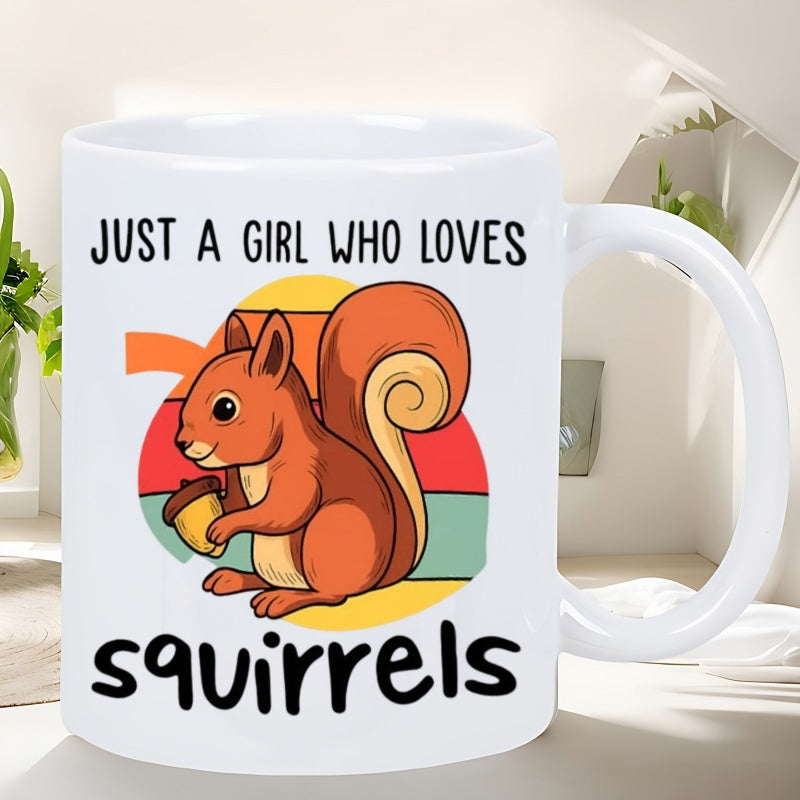 Tailorly White Ceramic 11 oz Mug - Just A Girl Who Loves Squirrels Adorable Red Forest Creature Holding Small Acorn Within Retro Sunset Squirrel