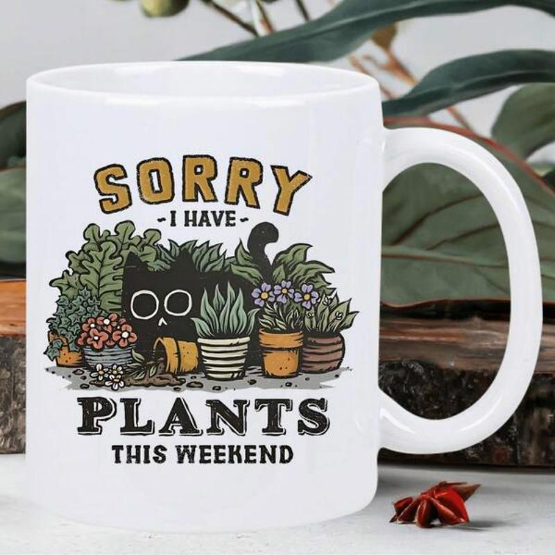 Tailorly White Ceramic 11 oz Mug - Sorry I Have Plants This Weekend Playful Black Cat Hiding Among Many Vibrant Green Potted Garden Succulent Cat