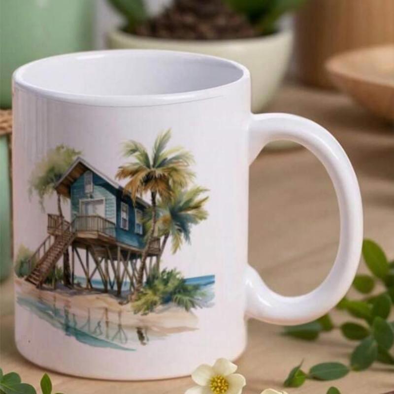 Tailorly White Ceramic 11 oz Mug - Serene Tropical Stilt Beach Nestled Among Lush Green Palm Trees House