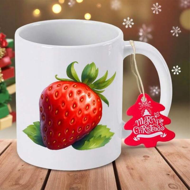 Tailorly White Ceramic 11 oz Mug - Merry Christmas Ripe Garden Fruit Surrounded By Vibrant Lush Green Leaves Strawberry