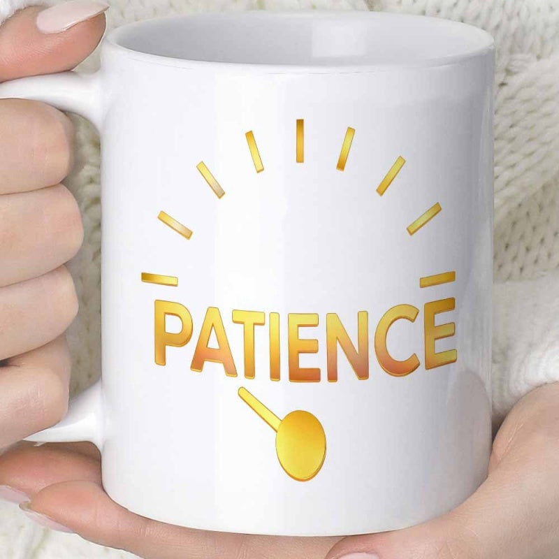 Tailorly White Ceramic 11 oz Mug - Patience Minimalist Golden Meter Showing Low Level Loading Indicators Gauge