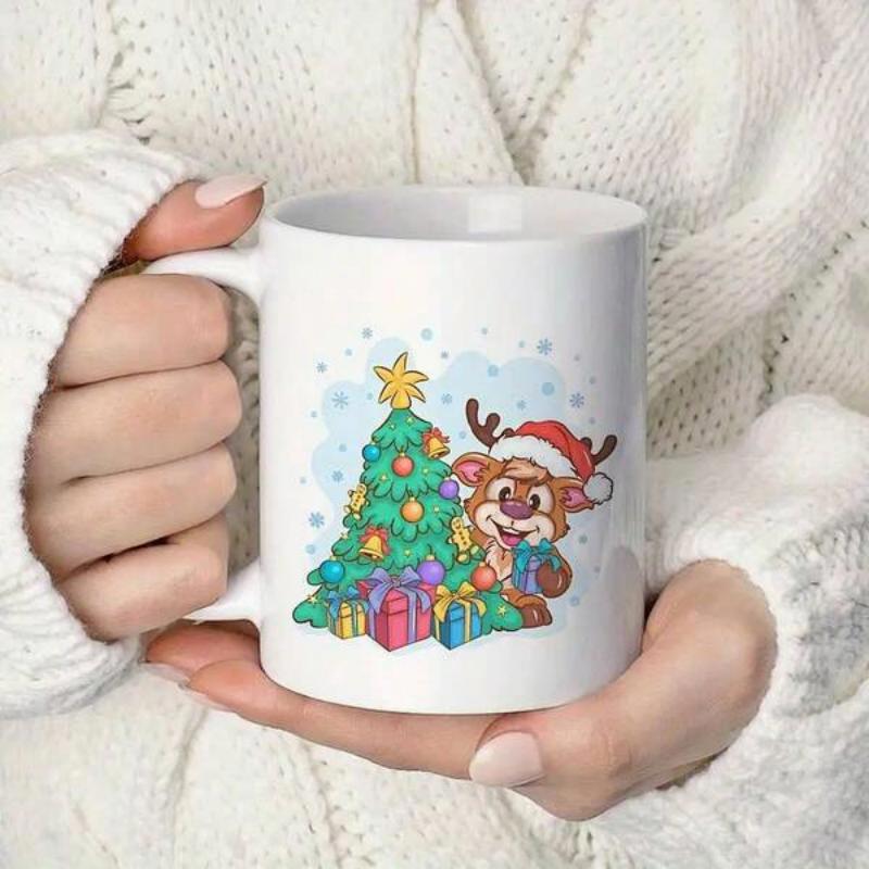 Tailorly White Ceramic 11 oz Mug - Festive Cartoon Deer Wearing Santa Hat Beside A Decorated Christmas Tree Reindeer