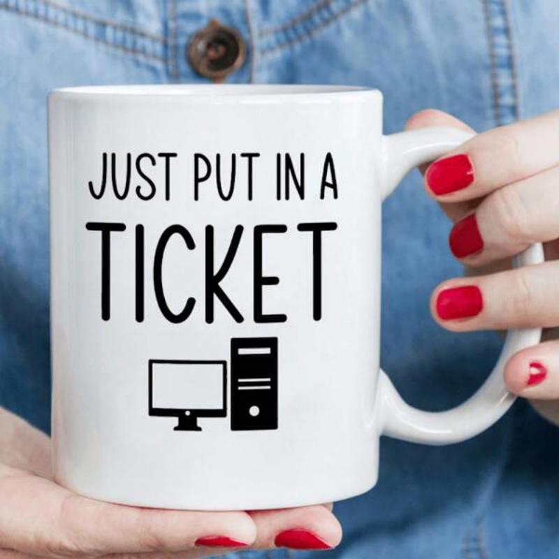 Tailorly White Ceramic 11 oz Mug - Just Put In A Ticket Simple Black Silhouette Desktop Monitor And Tower Computer