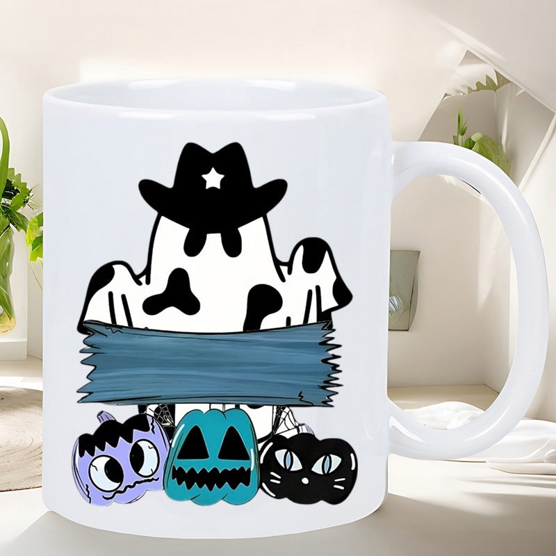 Tailorly White Ceramic 11 oz Mug - Western Style Cow Patterned Wearing A Cowboy Hat Behind Colorful Spooky Halloween Ghost