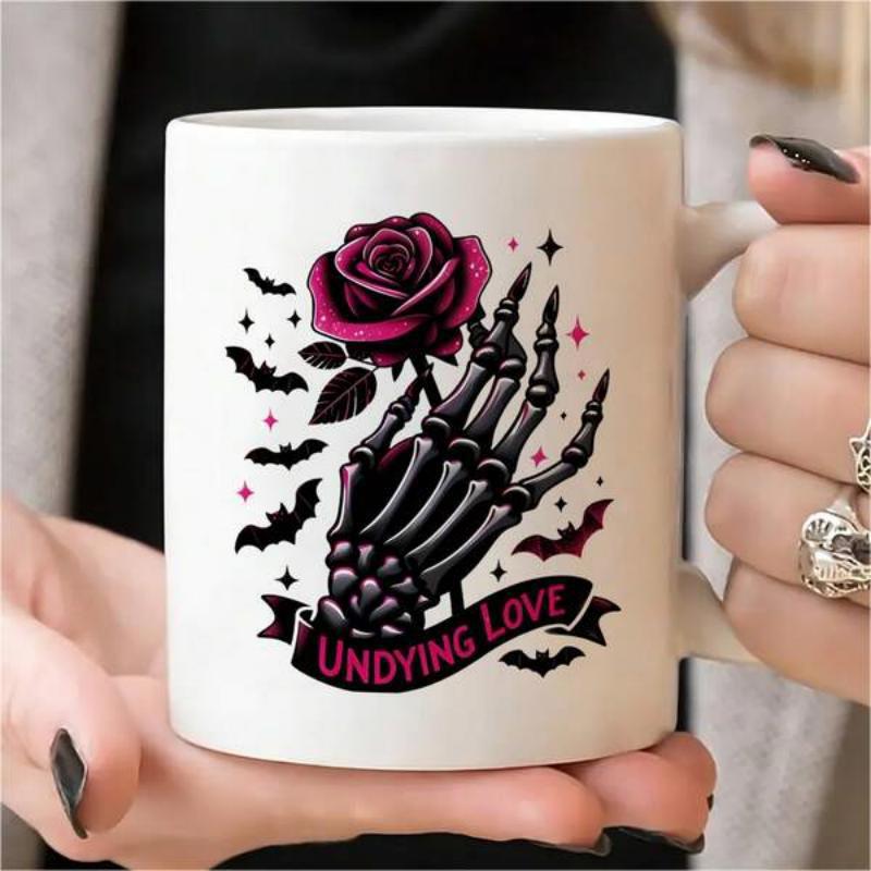 Tailorly White Ceramic 11 oz Mug - Undying Love Gothic Skeleton Hand Holding A Dark Red Rose Surrounded By Flying Bats Hand