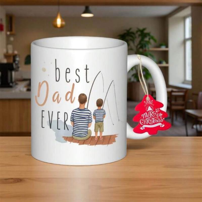 Tailorly White Ceramic 11 oz Mug - Best Dad Ever Serene Father And Son Fishing Together From A Rustic Wooden Dock Illustration