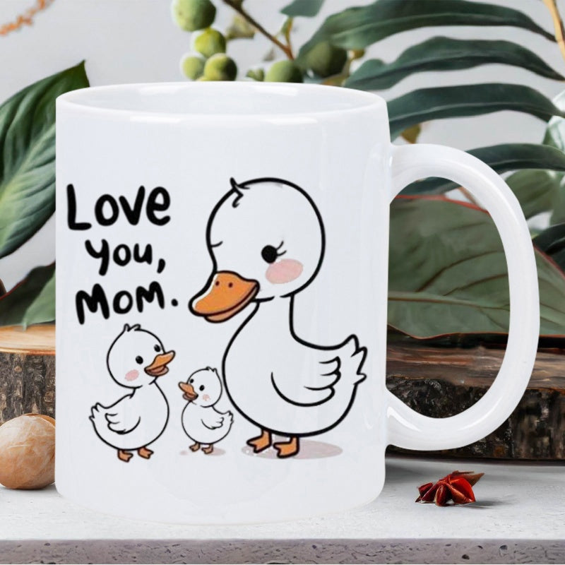 Tailorly White Ceramic 11 oz Mug - Love You Mom Cute Cartoon Mother Duck With Two Small Ducklings Standing Together Peacefully Duck
