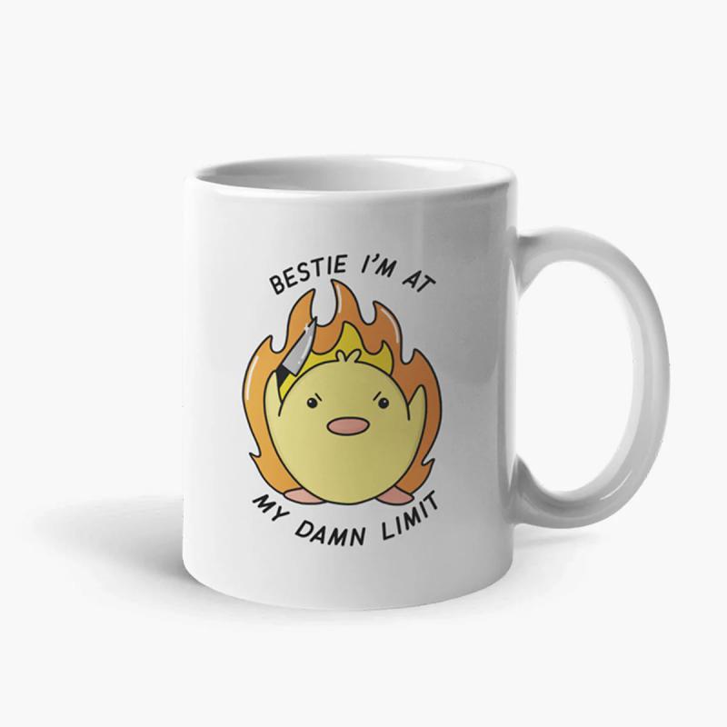 Tailorly White Ceramic 11 oz Mug - Bestie I'm At My Damn Limit Cartoon Yellow Chick Holding Small Knife Surrounded By Bright Fiery Orange Flames Chicken