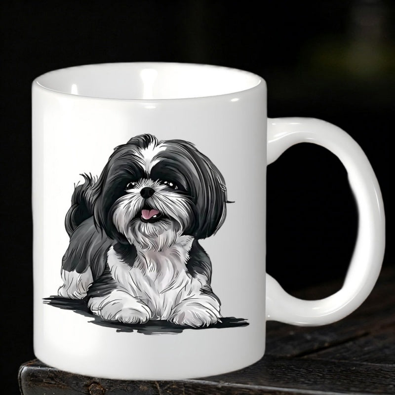 Tailorly White Ceramic 11 oz Mug - Realistic Fluffy Black And White Long Haired Sitting Cute Domestic Pet Shih Tzu