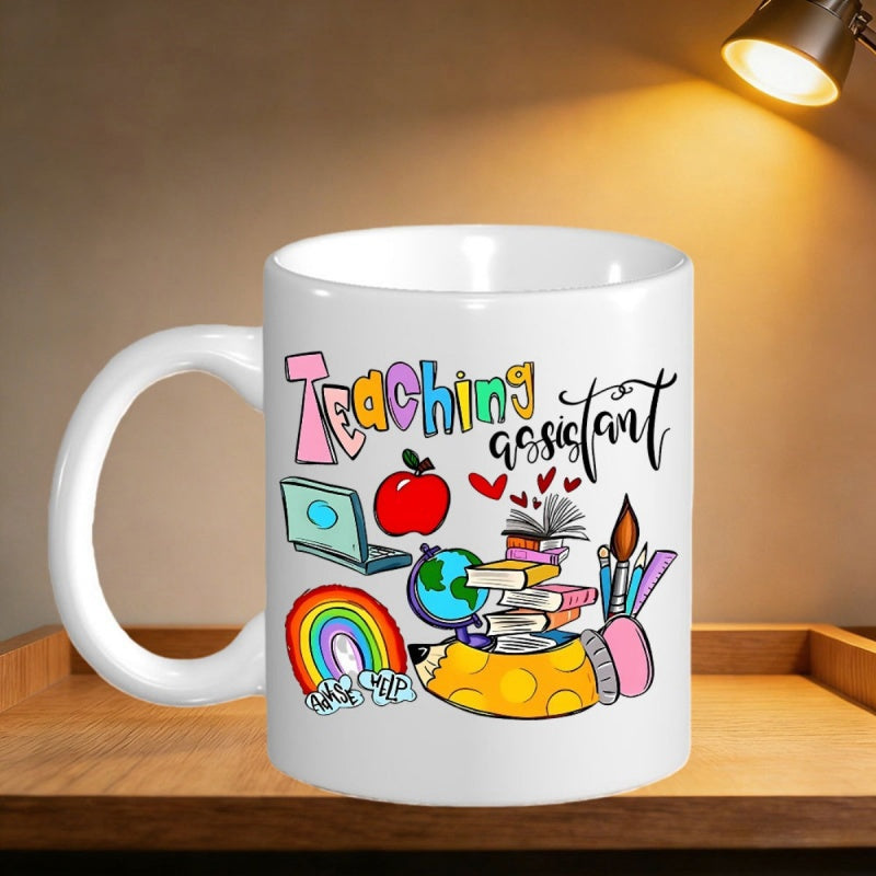 Tailorly White Ceramic 11 oz Mug - Teaching Assistant Hand Drawn School Icons With Colorful Rainbow And Academic Stationery Mug
