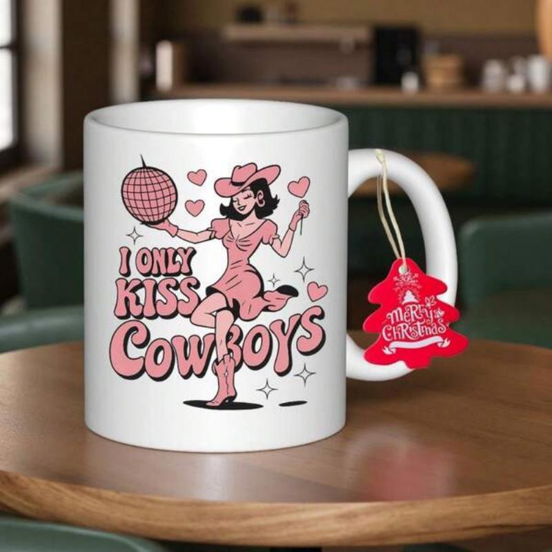 Tailorly White Ceramic 11 oz Mug - I Only Kiss Cowboys Retro Style Illustration Holding Disco Ball Among Pink Hearts Cowgirl