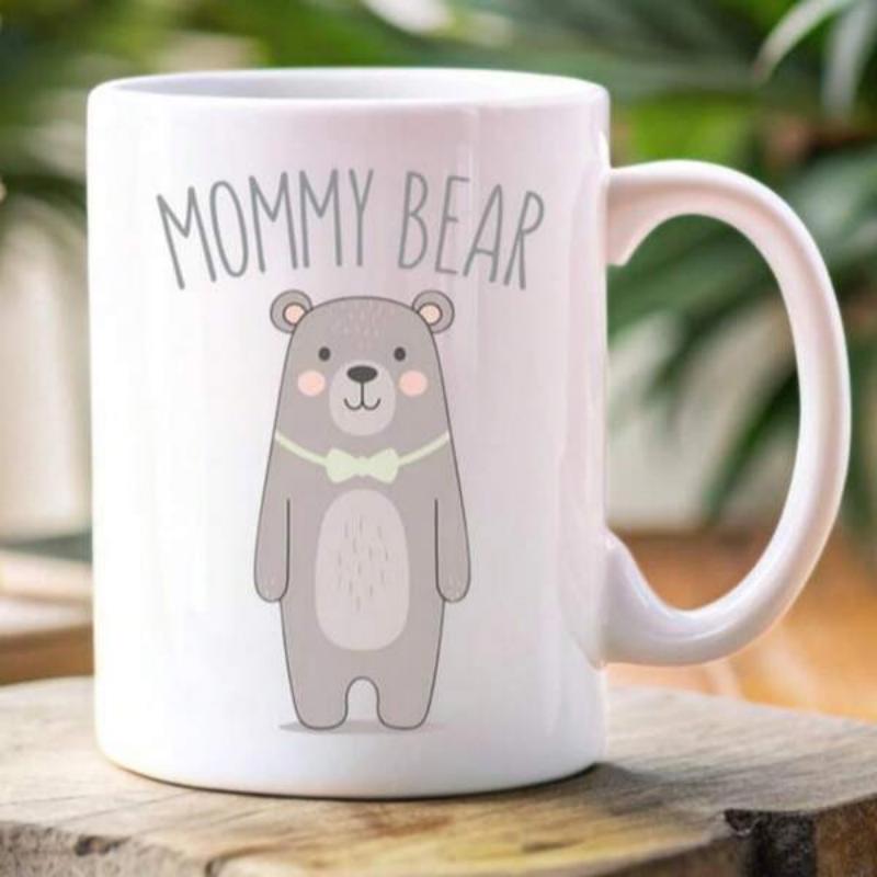 Tailorly White Ceramic 11 oz Mug - Mommy Bear Adorable Grey Cartoon Character Wearing A Small Bowtie Standing Sweetly Bear