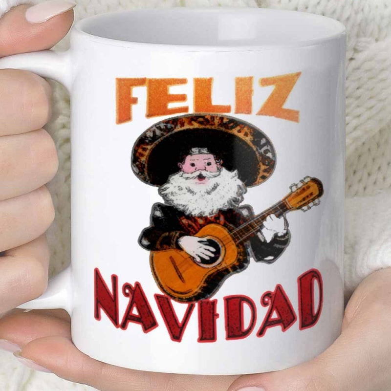 Tailorly White Ceramic 11 oz Mug - Joyful Mexican Style Christmas Figure Playing Guitar With Traditional Large Sombrero Santa