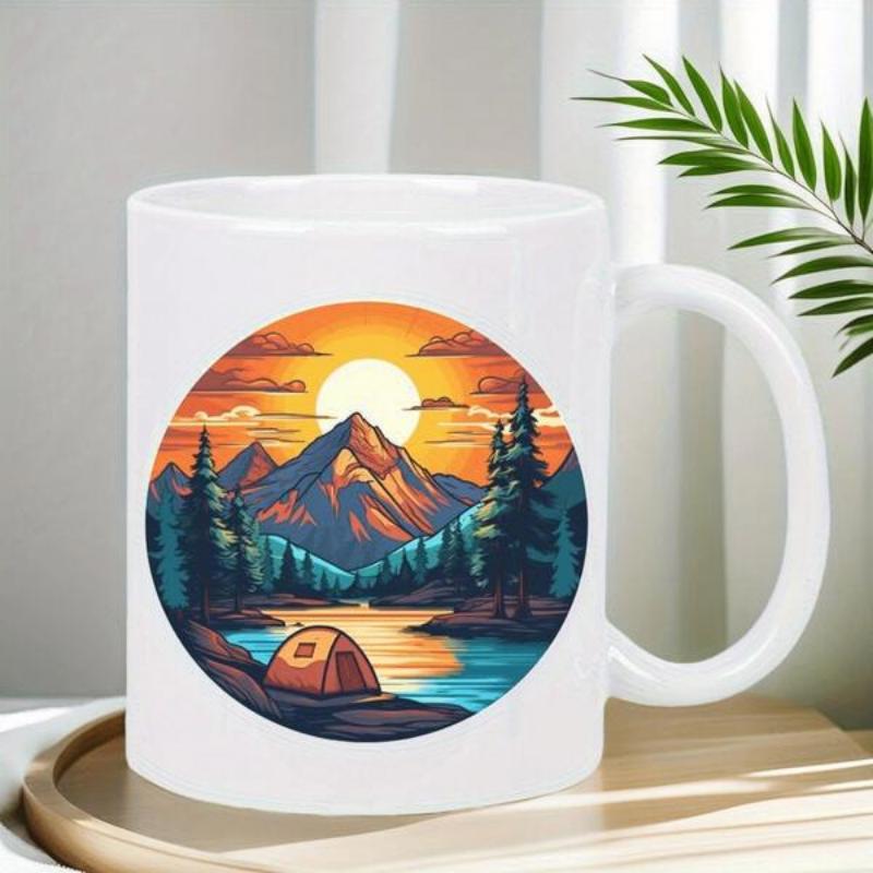 Tailorly White Ceramic 11 oz Mug - Vibrant Sunset Glow Over Peaks Among Pine Trees And Calm Lake Mountain