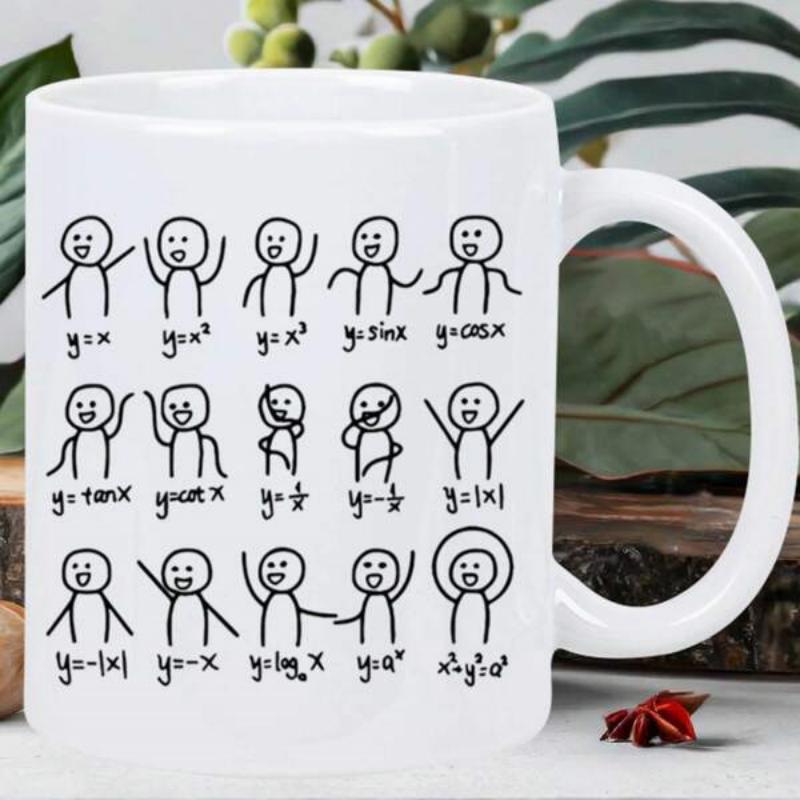 Tailorly White Ceramic 11 oz Mug - Minimalist Hand Drawn Stick Figures Demonstrating Various Mathematical Algebraic Functions Figure
