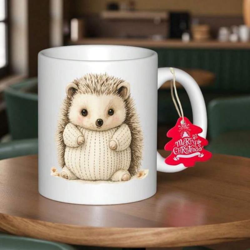 Tailorly White Ceramic 11 oz Mug - Merry Christmas Cute Round Spiky Animal Sitting Quietly With Soft Knitted Textures Hedgehog